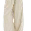 Women's Linen Wide Leg Pants Elastic Waist Summer Boho Palazzo Pants Beach Vacation Casual Trousers with Pockets (Apricot-S)