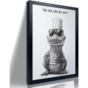 2 x Framed Bathroom Wall Simple Decoration Fun Crocodile Wearing Toilet Paper Hat Black And White Frame Home Decoration Animal Canvas Printing Canvas Art