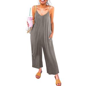 Happy Sailed Womens Casual Jumpsuits Loose Overalls Summer Sleeveless Stretchy Wide Leg Long Pants Romper with Pockets (Gray, L)