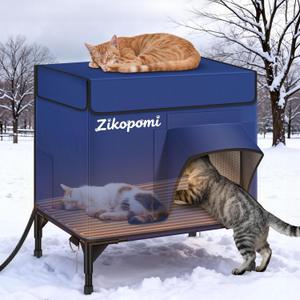 Zikopomi Heated Cat House for Outside with Elevated Base Outdoor Cat House with 2 Safe Escape Doors Cat-Attracting Eave Design Feral Stray Shelter Weatherproof in Winter Garage Yard Porch