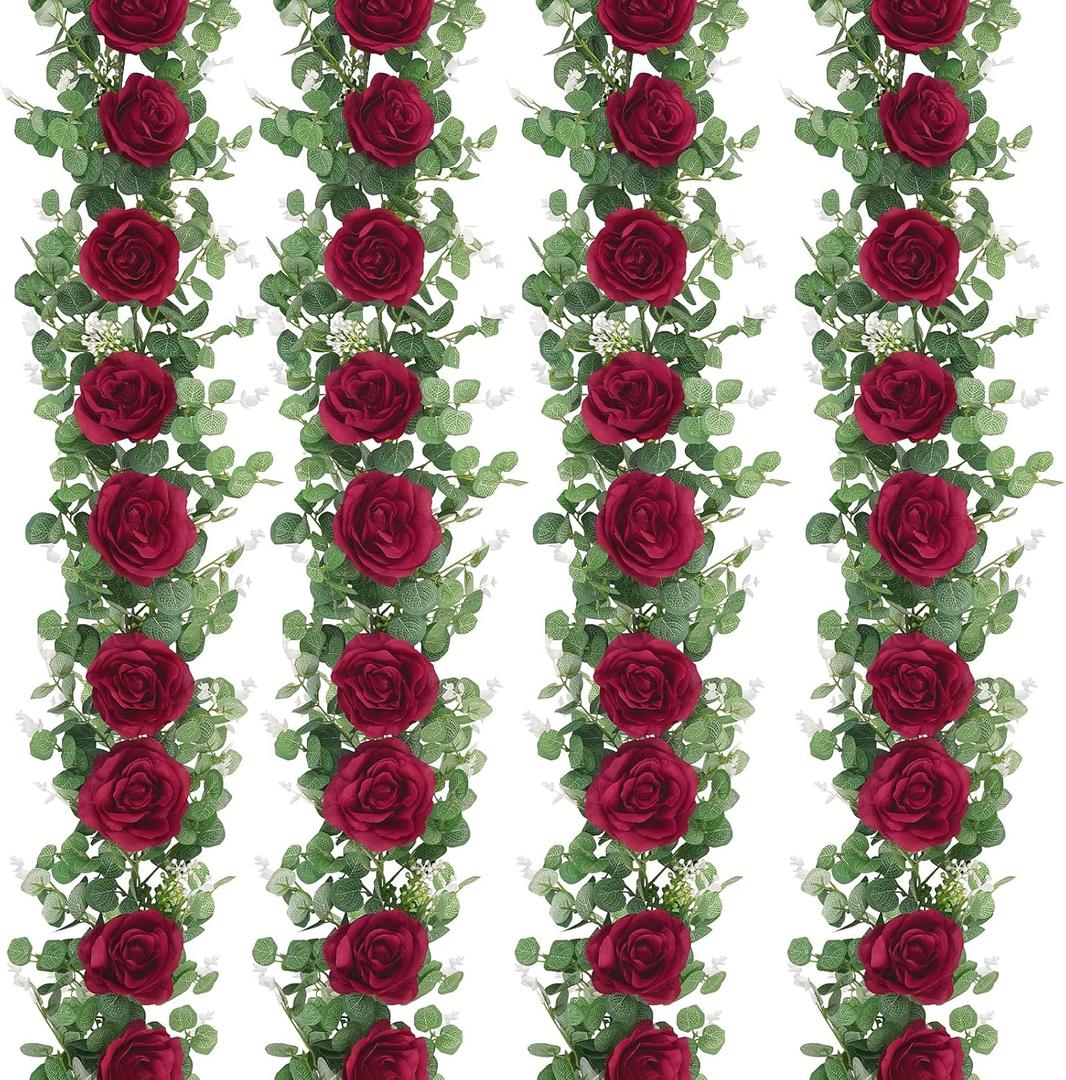 Dolicer 4Pcs 26Ft Artificial Eucalyptus Garlands with Flowers - 8 Roses, Faux Floral Greenery Garlands Fake Flowers Vines for Wedding Table Centerpieces Arch Party Ceremony Backdrop Decor (Red)