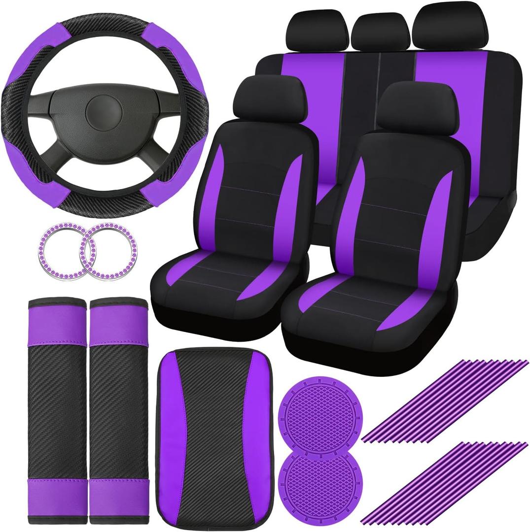29 Pcs Car Seat Covers Full Set Include Car Seat Protectors, 2 Cup Mat, Steering Wheel Cover, 2 Shoulder Pads, Armrest Pad, 2 Stickers, 20 Air Conditioner Decoration Strip for Women Men (Purple)
