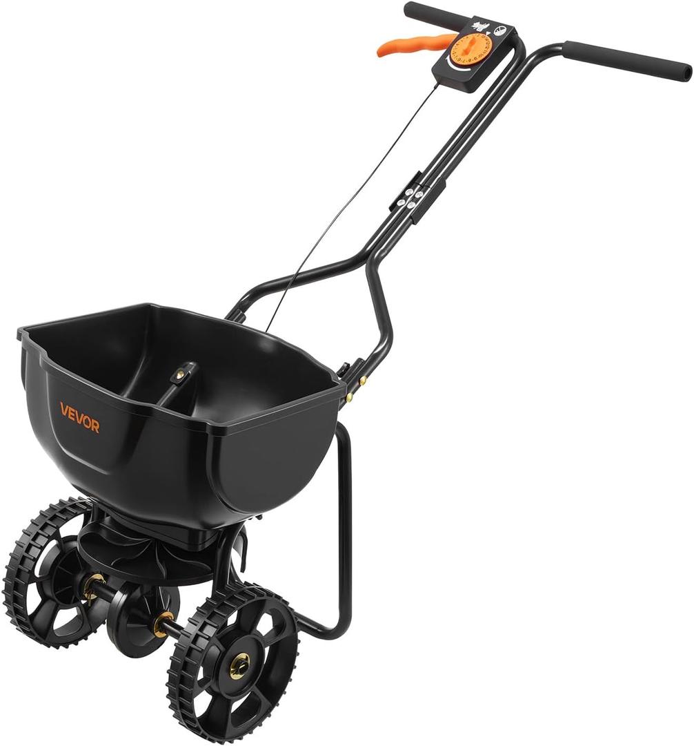 VEVOR Broadcast Spreader, 9.8ft Spreading Width, Push Broadcast Spreader with 10" All-Terrain Tires, Adjustable Flow Control, 15lbs Capacity Hopper, Lawn Spreaders for Fertilizer Seed Small Home Use