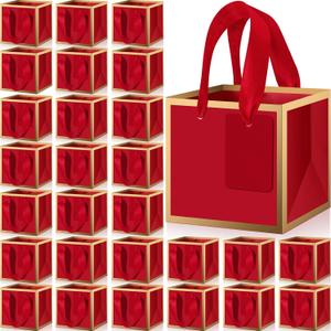 Kolldenn 100 Pcs Small Gift Bags with Handles Metallic Paper Square Valentine's Day Gifts Bags Bulk with DIY Blank Thank You Tags for Wedding Birthday Party Favor (4 x 4 x 4 Inches,Red)