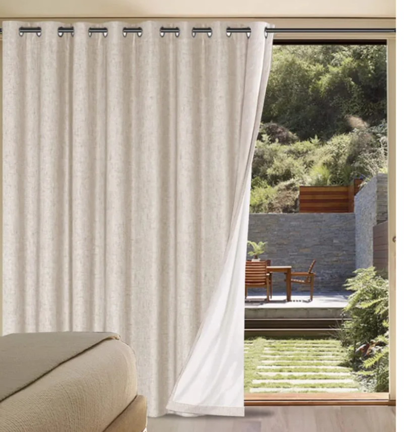 Linen Blackout Curtain Durable Thick Textured Linen Look 100% Blackout Patio Door Curtain Anti Rust Grommet Extra Wide Sliding Door Curtain Panel, 2 Pack 34x80inch - Natural