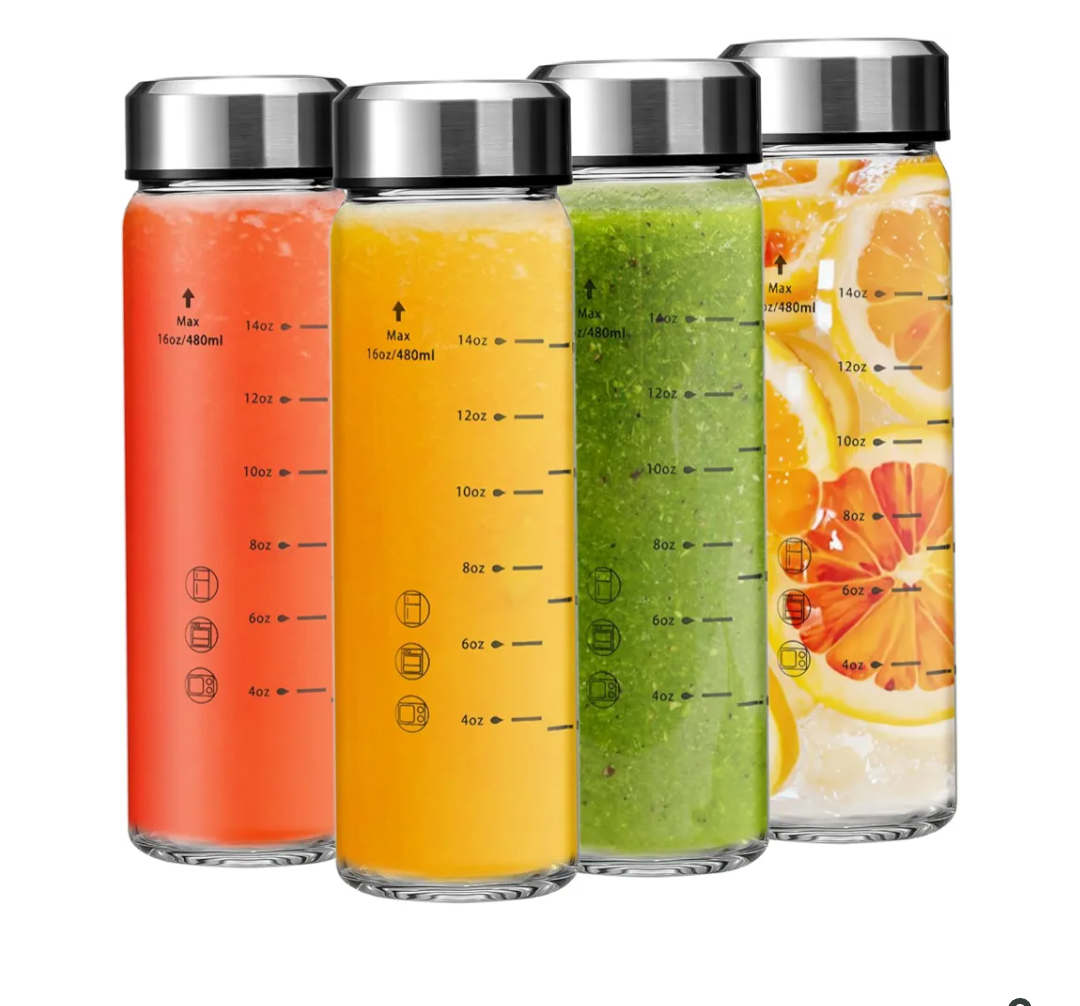 16oz Juice Bottles - 4 Pack Wide Mouth Glass Bottles with Lids- BPA Free, Stainless Steel Lids for Juicing, Smoothies, Infused Water, Beverage Storage - Leakproof, Borosilicate, Clear