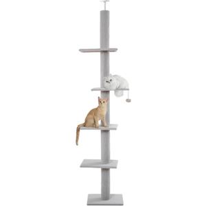 Cat Tree Floor to Ceiling Cat Tower with Adjustable Height (98-110 Inches), 5-Tier Carpet Cat Climbing Tower Tall Cat Trees with Platforms and Dangling Balls for Indoor Cats, White Grey