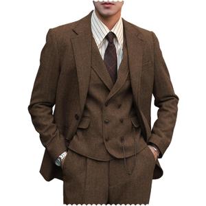 Mens Formal Tweed Wool 3 Piece Wedding Slim Fit Suit Prom Tuxedos Groomsmen, Brown, Large