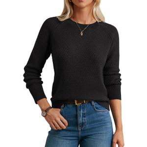 GRACE KARIN Women's Fall Knit Sweater Top, Long Sleeve Merino Wool Blend Pullover, Casual Crewneck Waffle Clothes 2025 (Black) XL