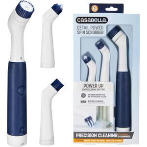Casabella Handheld Spin Detail Scrubber, AA Battery Powered, 3 Brush Heads, White