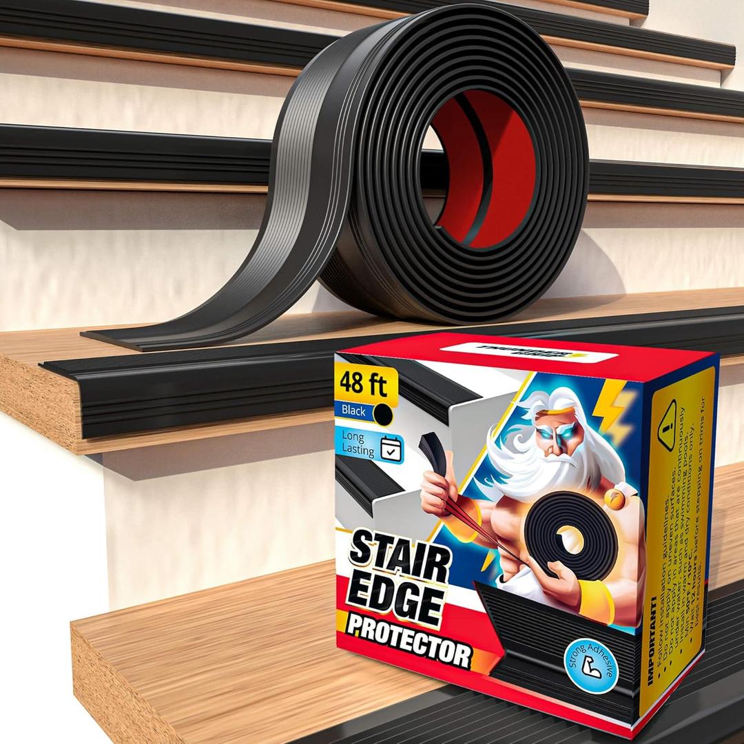 Stair Edge Protector 48 Ft - Black Rubber Edge Trim for Steps - Vinyl Stair Nose Molding - Rubber Nose Trim - Fit for Indoor and Outdoor - Non Slip and Waterproof