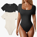 OQQ Women's 2 Piece Bodysuits Sexy Ribbed One Piece Square Neck Short Sleeve Bodysuits Size M