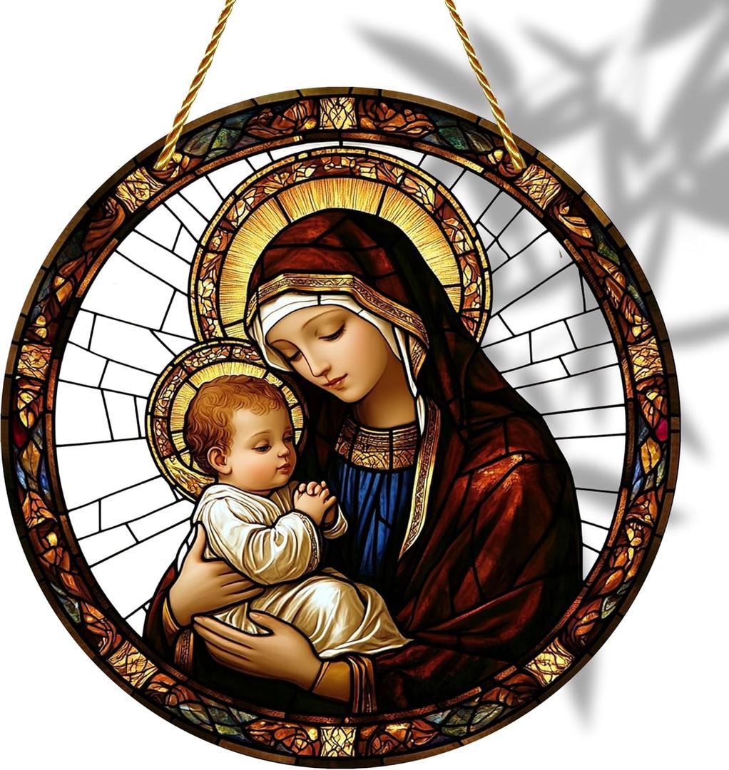8x8 inch Charming Madonna and Child Acrylic Stained Glass Window Hanging Sun Catcher Decor Stained Panel Hangings Wall Art Decor, for Friends and Family 