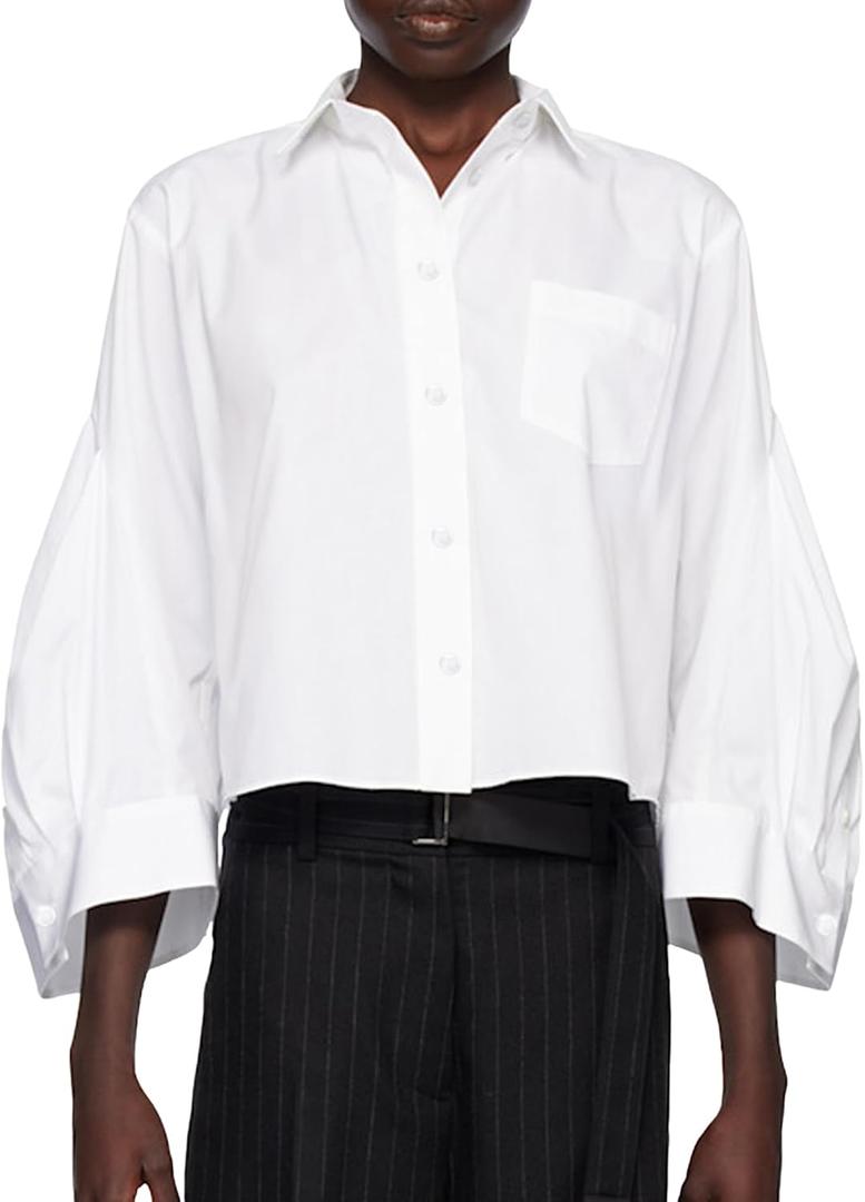 Women's Button Down Shirts Pleated Wide Sleeves Blouse Cuff Buttons Casual & Work Top (White), Small