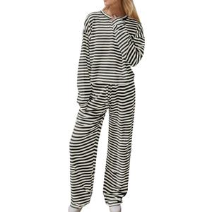 MISSACTIVER Women's Striped 2 Piece Lounge Set Casual Long Sleeve T-Shirt Drawstring Wide Leg Pants Matching Pajamas Set (Black Beige), S