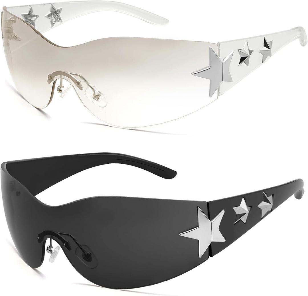 Rimless Y2K Sunglasses Star Wrap Around Glasses 2000S Accessories for Women Men Trendy Fashion Cool Shield Shades (Black/ Black, Transparent/ Transparent)