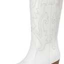 DREAM PAIRS Women's Cowboy Cowgirl Boots Embroidered Pointed Toe Low Heel Western Mid Calf Boot for Theme Party Country Concert (7, White)