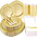 Morejoy 175PCS Solid Gold Plastic Plates with Gold Rim, Disposable Dinnerware Sets Include 25 Dinner Plates,25 Dessert Plates,25 Cutlery Sets,25Cups,25 Napkins Perfect for Party & Wedding