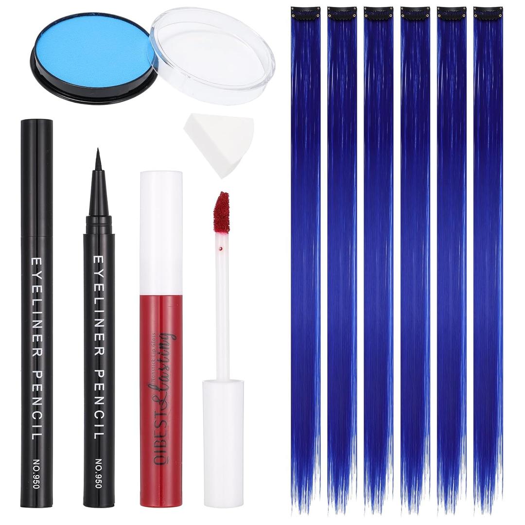 2 x SFX Makeup Kit, Professional Makeup for Sally Costume Corpse Bride Halloween, Light Blue Water-based Face Body Paint, Red Lipstick, Black Eyeliner, Blue Clip-in Hair Extensions, Sponges