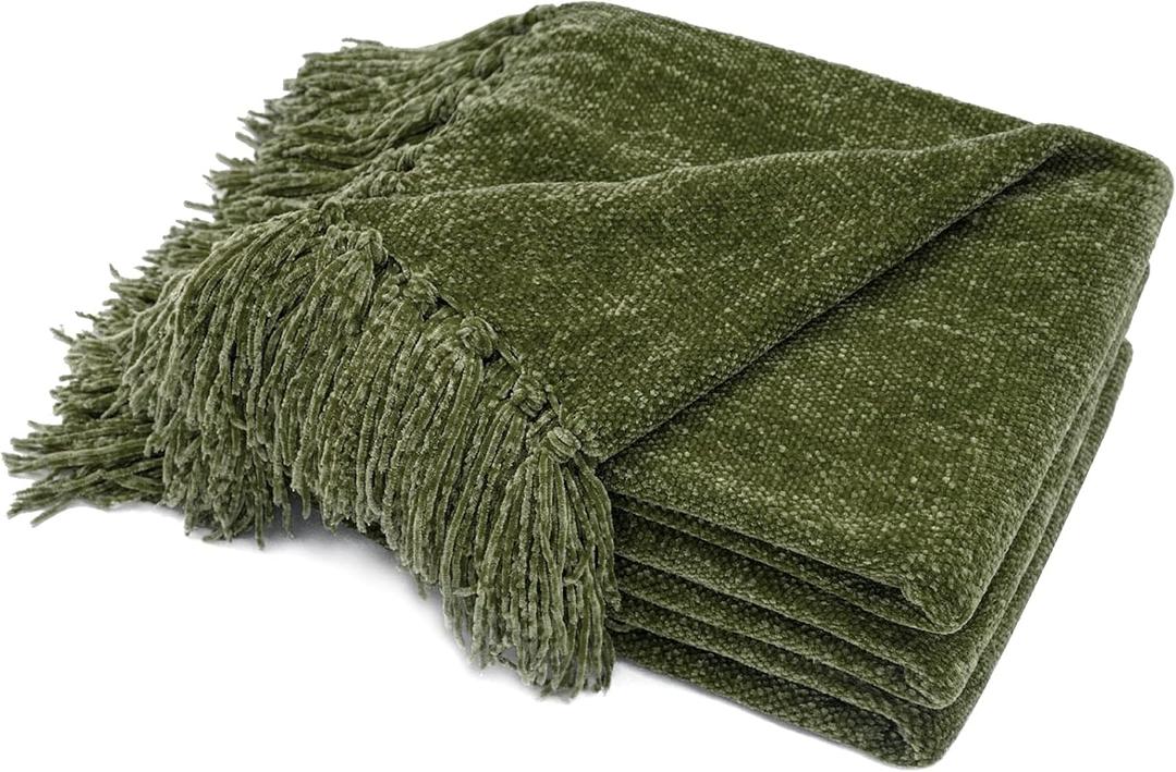 RECYCO Throw Blanket Soft Cozy Chenille Throw Blanket with Fringe Tassel for Couch Sofa Chair Bed Living Room Gift (Loden Green, 50'' x 60'')