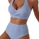 Herseas Women's High Waisted 2 Piece Bikini Sets Halter Patch Pocket Swimsuits Striped Bathing Suit Beach Swimwear 2026 (Blue, M)
