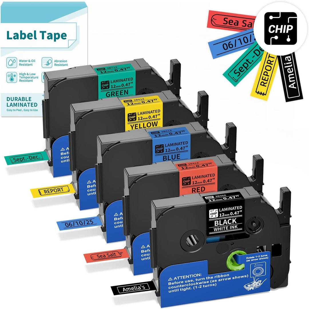 Classic Color BZ Tapes for D210S H1100 E1000 Label Maker, 12mm 0.47 Laminated CHIP Label Tapes Refills, Black(3B35Z) Red(3B41Z) Blue(3B51Z) Yellow(3B61Z) Green(3B71Z), 5-Packs