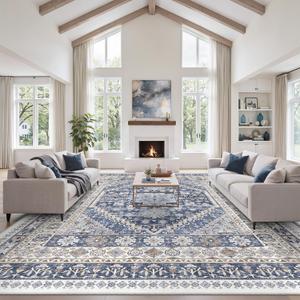zesthome 10x14 Area Rugs,Stain Resistant Washable Rug,Ultra-Thin Rugs for Living Room,Bedroom,Non-Slip Backing Home Decor Large Area Rug (Blue/Beige,10'x14')