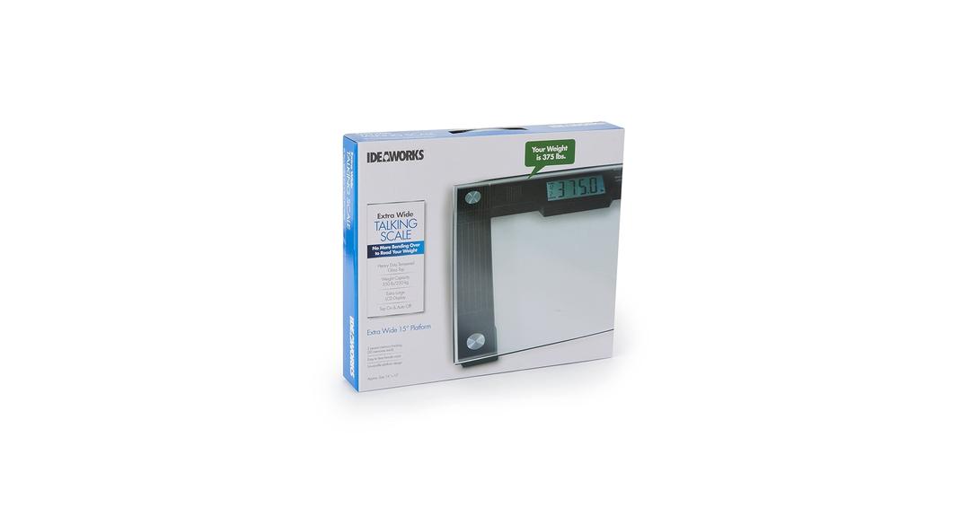 Ideaworks JB5824 Extra Wide Talking Scale-Visual & Voice Display Scale- 550 Pounds Max-Tamper Glass-Extra Wide Width-Large LCD Display-Tap On & Off Auto Function