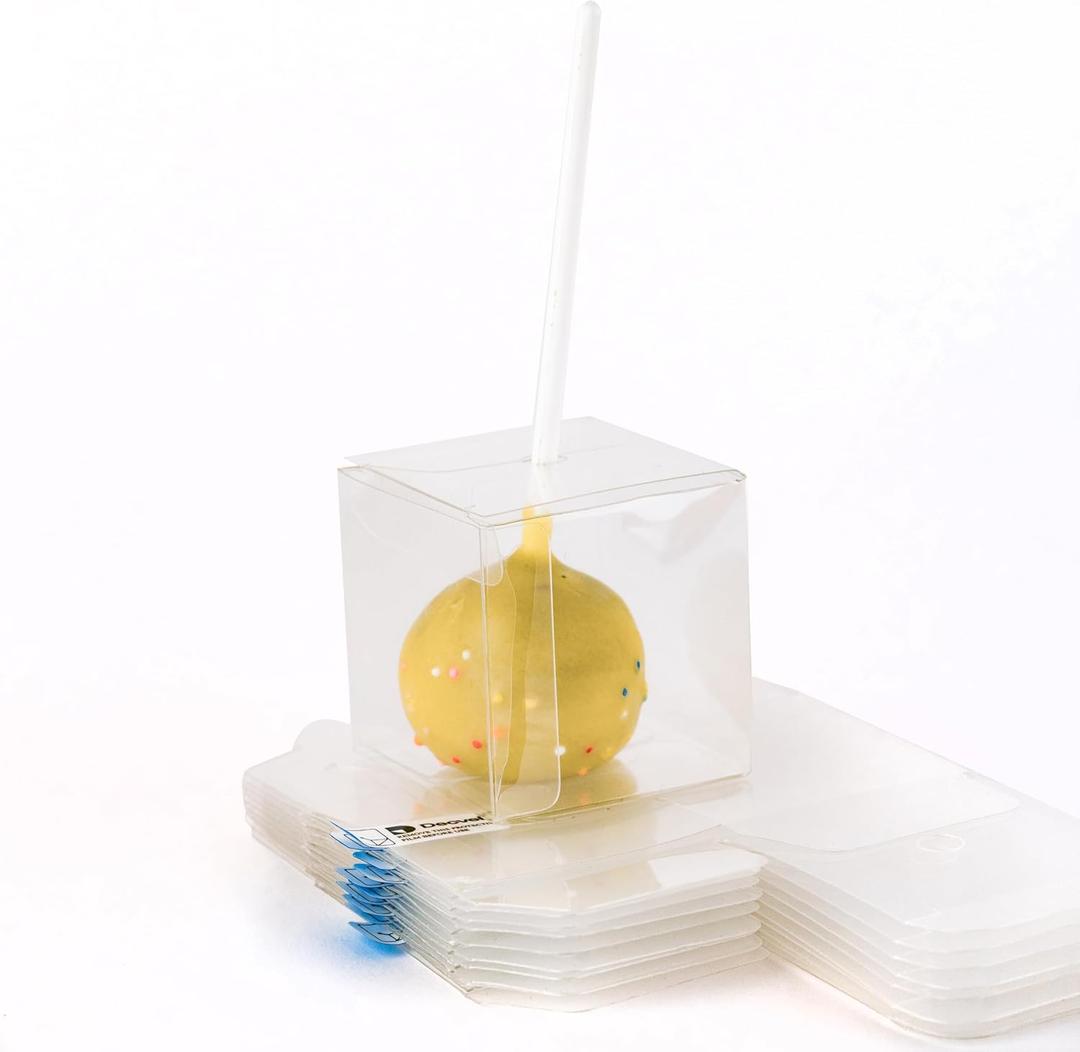 Decvel 2x2x2 inches Cake Pop Boxes with Hole (100 Pack) - Plastic Clear Boxes for Treats, Mini Gift, Small Candy - Macaron Box - Wedding, Party Favor Box