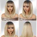 FANCEE Highlight Blonde Layered Wigs with Bangs 14 Inch Short Ombre Blonde Balayage Glueless Ready-to-Go Straight Synthetic Bob Wigs for Women Realistic Scalp Dark Roots Daily Cosplay Use