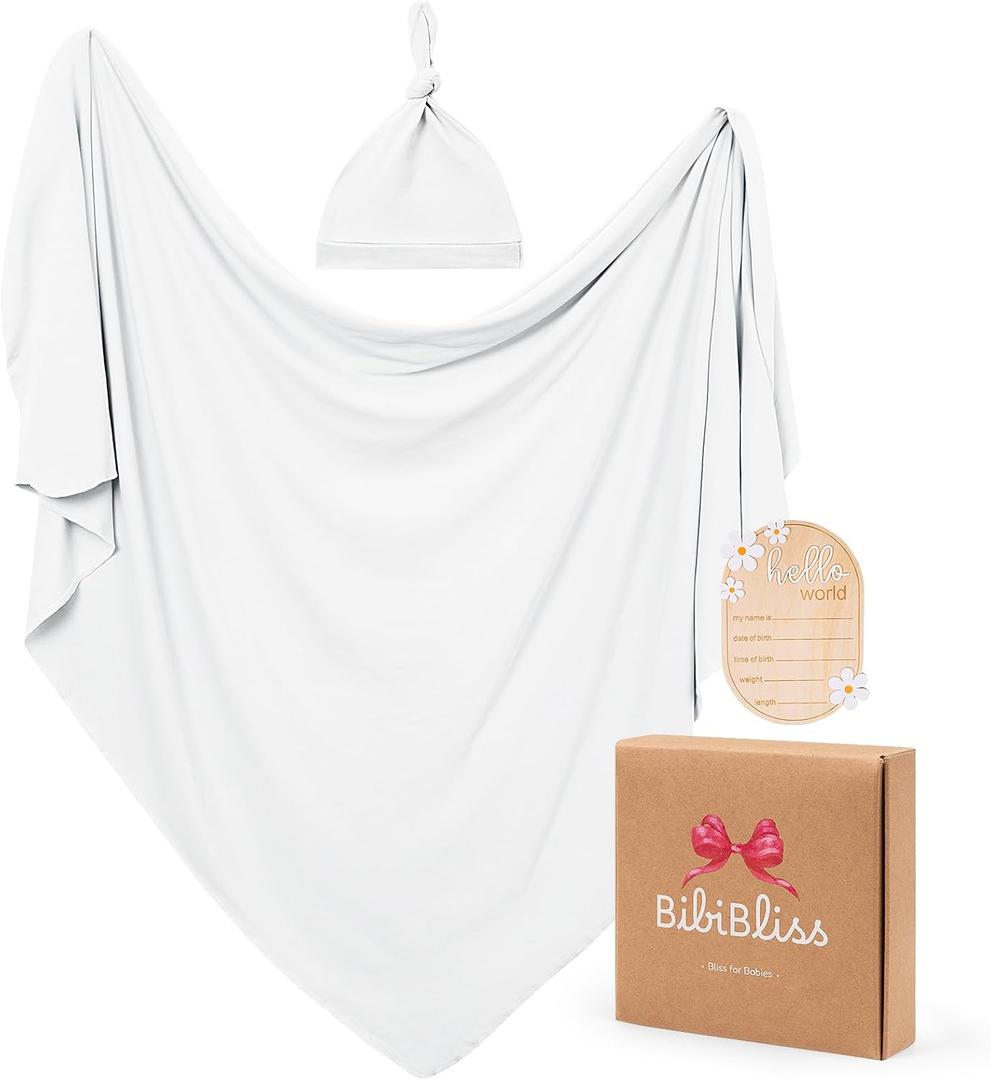 Stretchy Swaddle Blanket for Newborns with Hat & Hello World CardSoft Baby Swaddles 0-3 Months,47"x 47"Supersoft Swaddle Blanket,Receiving Blanket for Boys & Girls (Cloud)