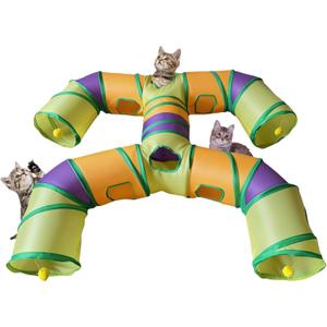 Foldable H-Shaped Cat Tunnel Toy with Interactive Playing Balls - 4 Exits for Cats, Kittens, Rabbits & Small Pets Collapsible Play Tube for Indoor Fun & Exercise (Colorful)