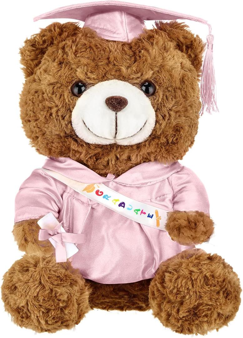 Graduation Bears 2025 Plush Stuffed Animal Bear with Gown Cap Tassel Set Cute Brown Graduate Gifts Stuffed Animal Doll Plush Toy for Graduation Party Supplies(13.8 Inch,Pink)