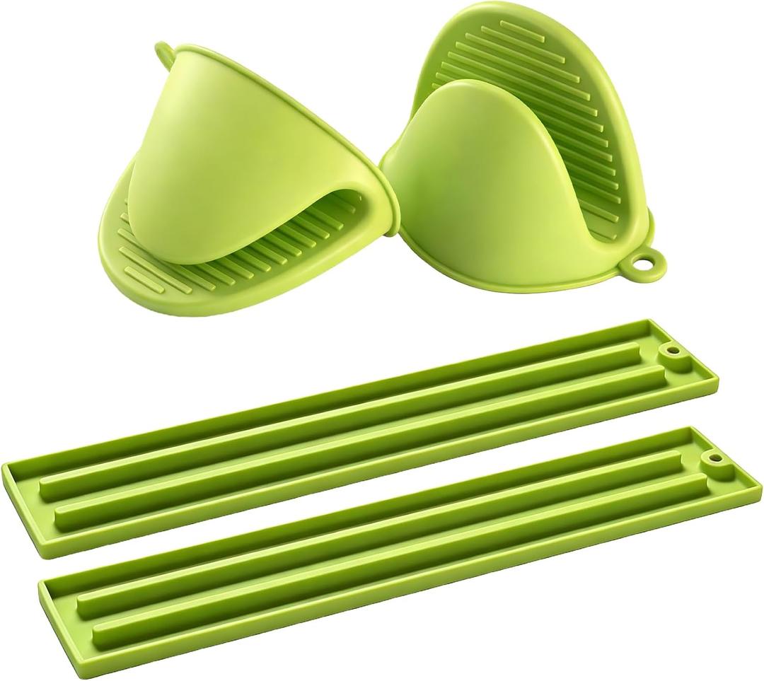 Oven Mitts and Pot Holders Sets, Mini Silicone Oven Mitts Heat Resistant (1 Pair), Pot Lid Holder While Cooking (1 Pair), Non-Slip Silicone Pot Holders & Spoon Rest, Dishwasher Safe