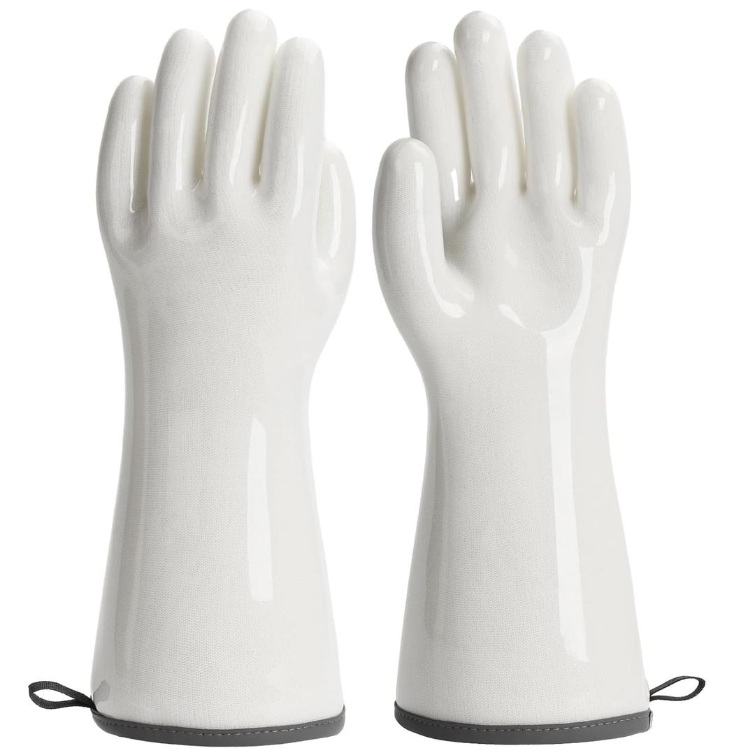 Oven Gloves Liquid Silicone Gloves Food Grade Heat Resistant Mitts with Fingers, for Cooking Baking Grilling Waterproof, with Nylon Liner, White, Large