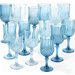 Vesici 24 Pcs Plastic Vintage Wine Glasses 7oz Reusable Colored Goblets Unbreakable Patterned Stemmed Drinking Glasses Drinkware Cup for Wedding Reception Party Supplies (Blue)