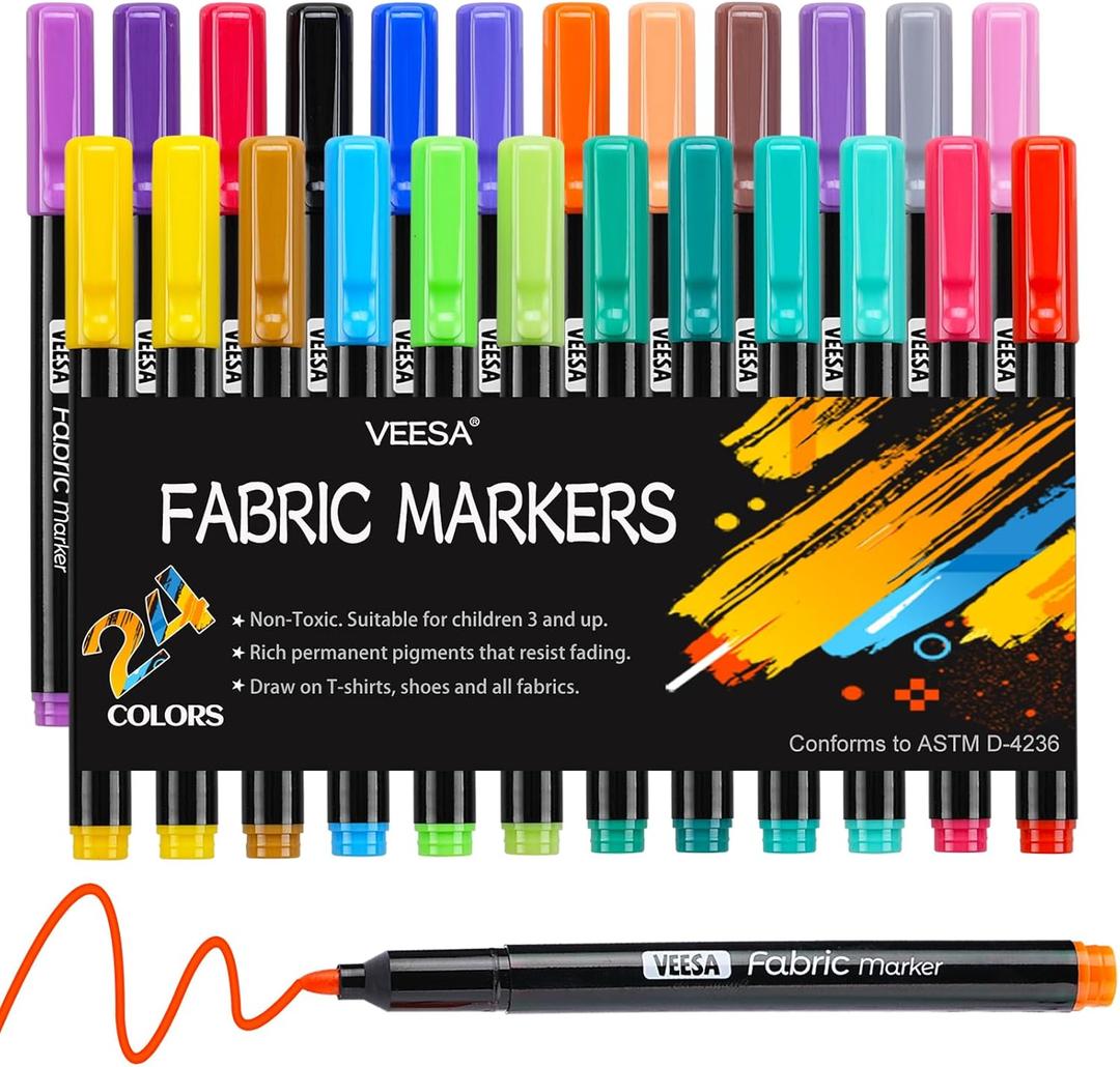 Fabric Markers, 24 Colors Permanent Fabric Marker for Clothes, Fine Tip Fabric Paint Marker Pens for T-Shirt Shoes, Non-Toxic & Kid Safe