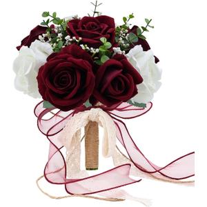 9in Wedding Bouquets for Bride Bridesmaid, Burgundy & White Artificial Roses Flowers Bouquet for Rustic Church Boho Wedding or Centerpieces Decoration
