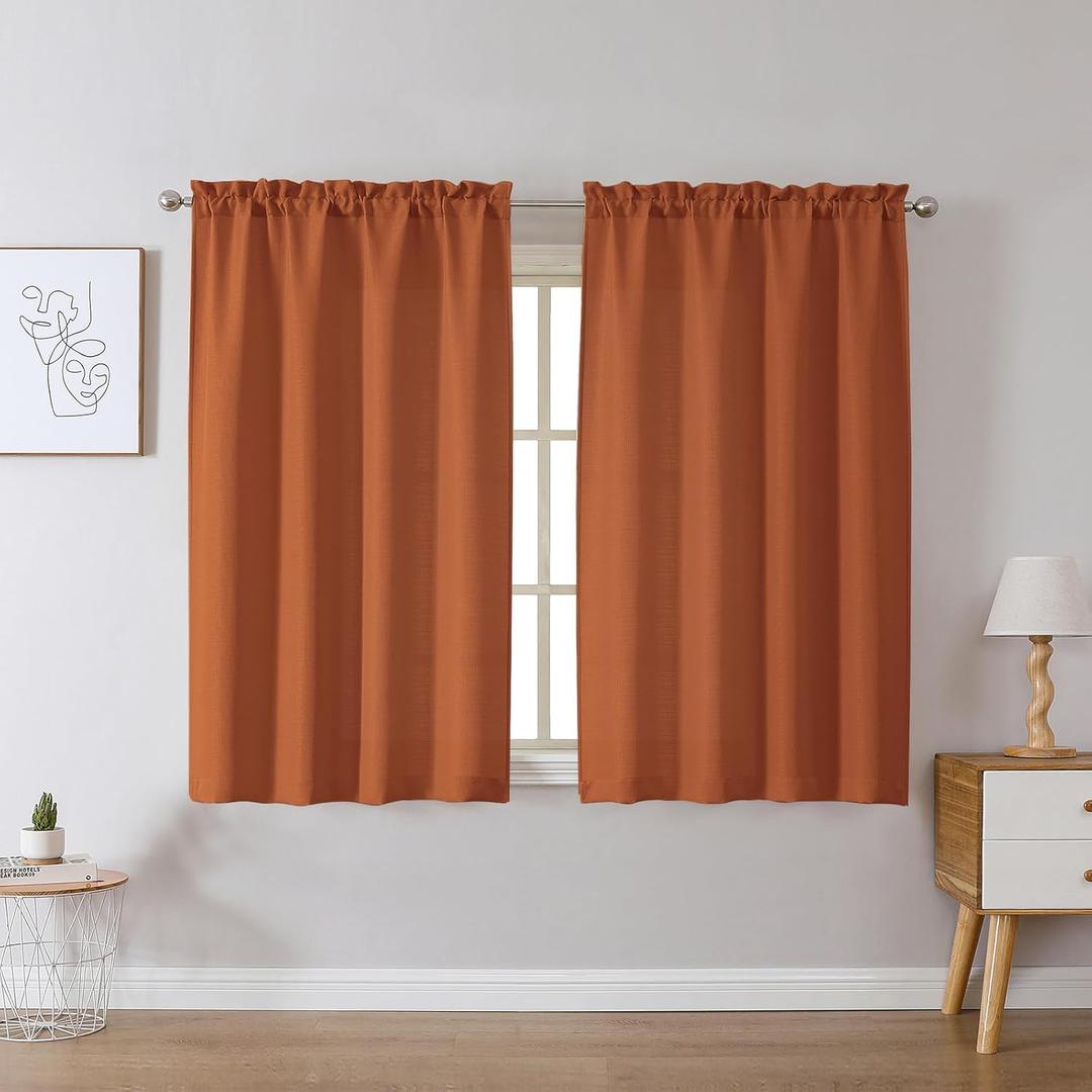 Chyhomenyc Orange Curtains 45 Inch Length 2 Panels, Faux Linen Textured Semi Sheer Light Filtering Soft Airy Rod Pocket Window Treatment Drapes for Living Room Bedroom, 30Wx45L Inch, 2 PCS