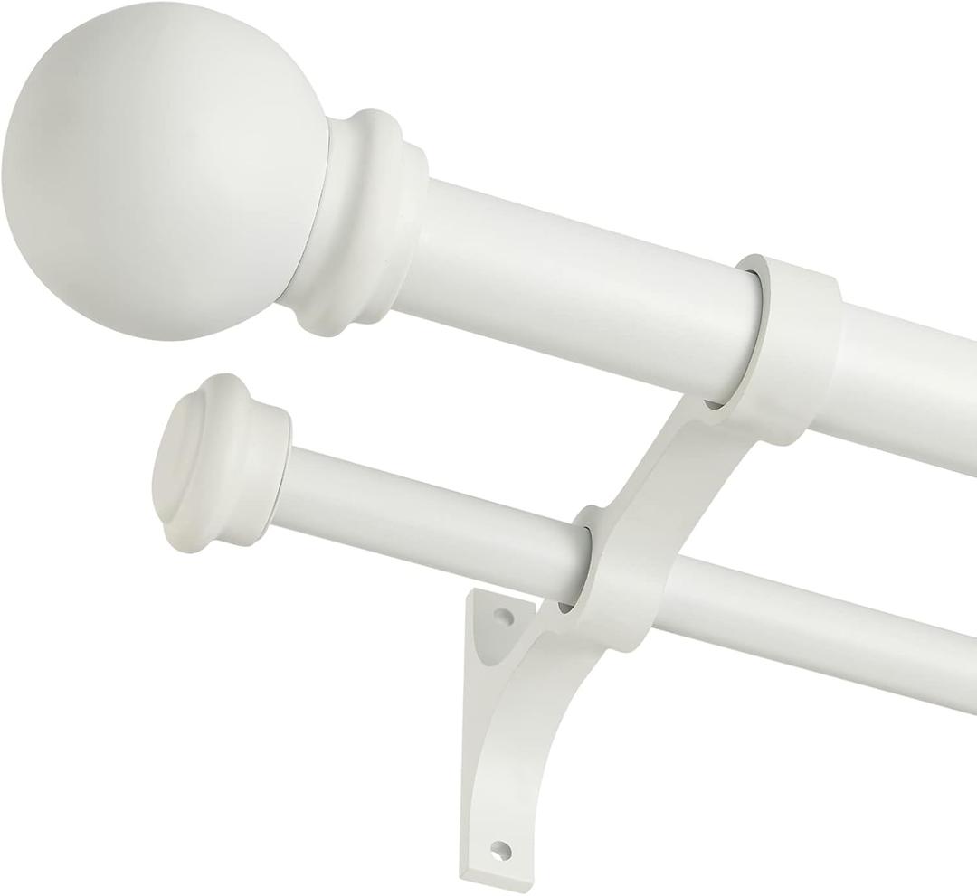 Double Curtain Rod 28 to 48 inch, Adjustable 1 inch Double Drapery Rod Rods for Windows and Doors with Ball Round Finials and Premium Aluminum Brackets Set(28-48",Matte White)