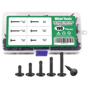 190pcs #8 x 1/2'' to 1-1/4'' Self Drilling Screws Assortment Kit, Black Truss Head TEK Stainless Steel Self Tapping Screws for Metal, Plastic, Aluminum
