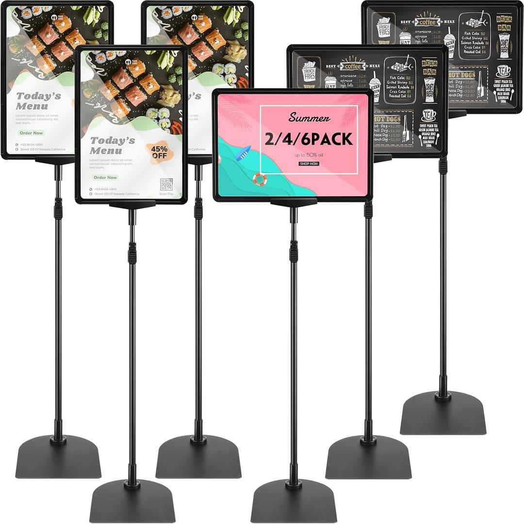 Jutom 6 Pack Adjustable Pedestal Stand Holder 8.5 x 11 Inch Heavy Duty Aluminum Sign Holder Vertical and Horizontal Sign Poster Stands Floor Standing Display for Advertisement Menu Display(Black)