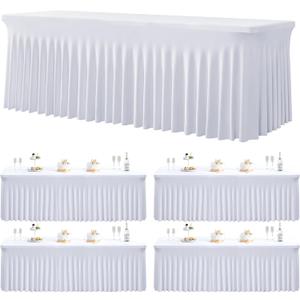 4 Pack Spandex White Tablecloths for 8 Foot Rectangle Tables, Wrinkle Free Fitted Table Cloth 8ft Stretchy Table cover Desk Skirt for Parties Weddings Birthday Banquet Baby Shower