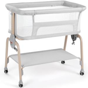 Cowiewie Bassinet Bedside Sleeper, Breathable Baby Bedside Bassinet and Mattress, Lightweight and Portable for Bedside Sleeping, Light Grey