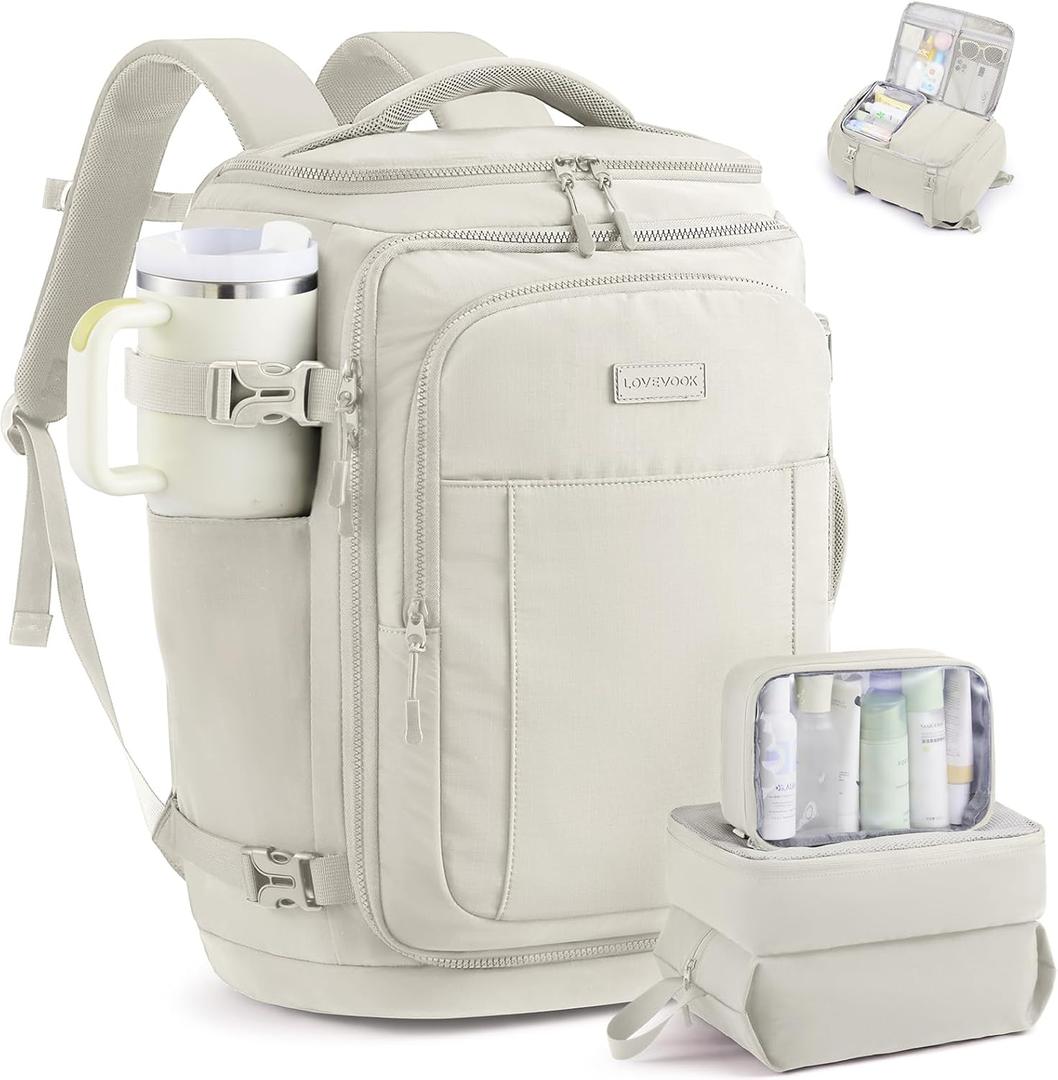 LOVEVOOK Travel Backpack for Women & Men, 40L TSA Approved Carry On Backpack with 3 Packing Cubes, Waterproof Weekender Overnight Bag for 2-4 Day Trips, Business & Travel Essentials, Beige Gray
