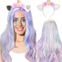 Janinka 3 Pcs Halloween Unicorn Wig Mermaid Face Jewels Set Long Curly Wavy Rainbow Hair Wig Unicorn Party Supplies Rhinestones Eyes Gems Stickers for Cosplay Music Festival, Theme Parties