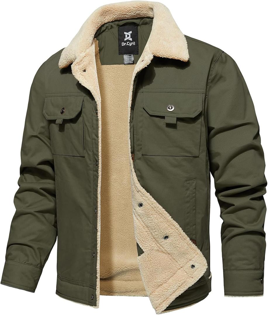 Men's Winter Jacket, Cotton Sherpa Fleece Lined Jacket, Warm Trucker Cargo Coats with Pockets (Small, Army Green)