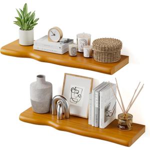 Solid Wood Live Edge Floating Shelves Set of 2 – 24" Rustic Wall Shelf with Hidden Bracket System, Wall Mounted Shelves for Bathroom, Kitchen, Living Room, Bedroom (Honey Walnut)