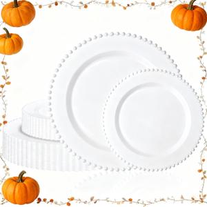 U-QE 60PCS White Plastic Plates - Fancy Beaded Plates Disposable Heavy Duty - Premium Hard Plastic Plate for Thanksgiving, Wedding & Party Including 30 Dinner10 & 30 Dessert Plate 7"