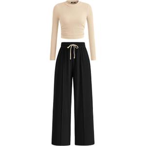 BTFBM Casual 2 Piece Sets For Women Fall Outfits 2025 Ribbed Long Sleeve Crop Top Wide Leg Pants Matching Lounge Set, Small, Beige Black